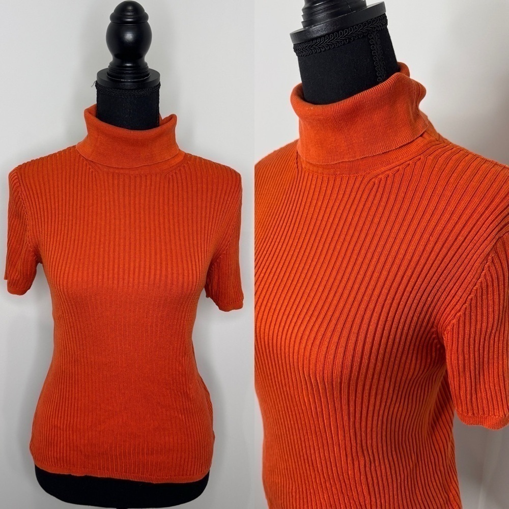 Liz Claiborne Burnt Orange 100% Silk Short Sleeve Turtleneck Ribbed Top (M)